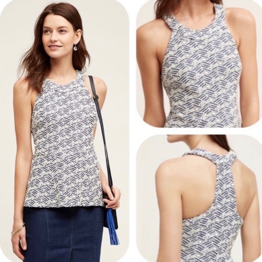 Anthropologie Navy and White Patterned Racerback Tank